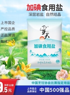 雪天绿色加碘精制盐400g食用盐调味细盐矿井盐不加碘盐巴食用8包