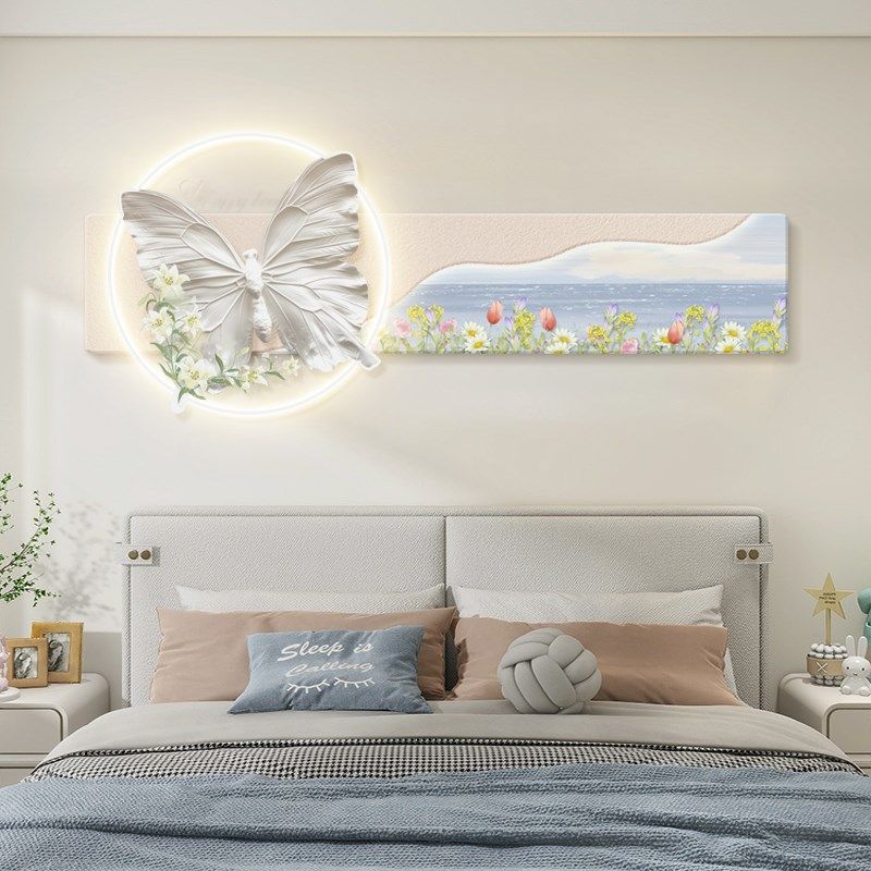 奶油风卧室装饰画主卧床头挂画蝴蝶郁金香女孩房间高级感壁灯画