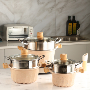 麦饭石汤锅炖锅不粘锅家用耳煮粥锅拉面锅蒸锅燃气电磁炉通用