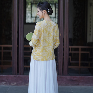 扇影 新中式夏季日常圆领宽松显瘦真人丝仿老缎子唐装国风女上衣