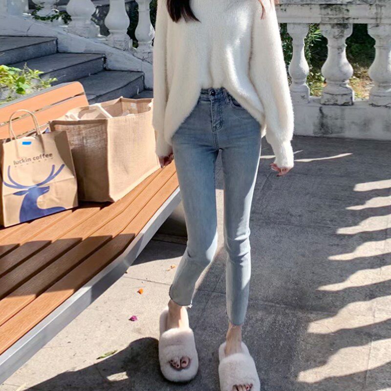 浅色修身小脚牛仔裤女春季新款高腰显瘦弹力八分小个子紧身铅笔裤