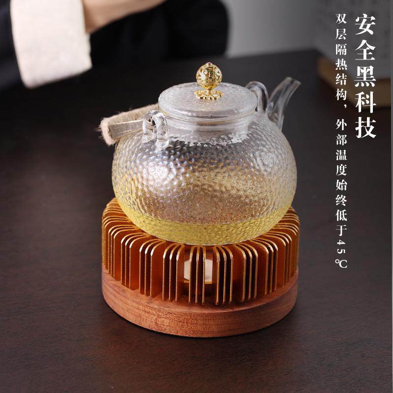 日式蜡烛温茶炉玻璃花茶壶加热实木底座酒店美容院保温煮茶器焙茶
