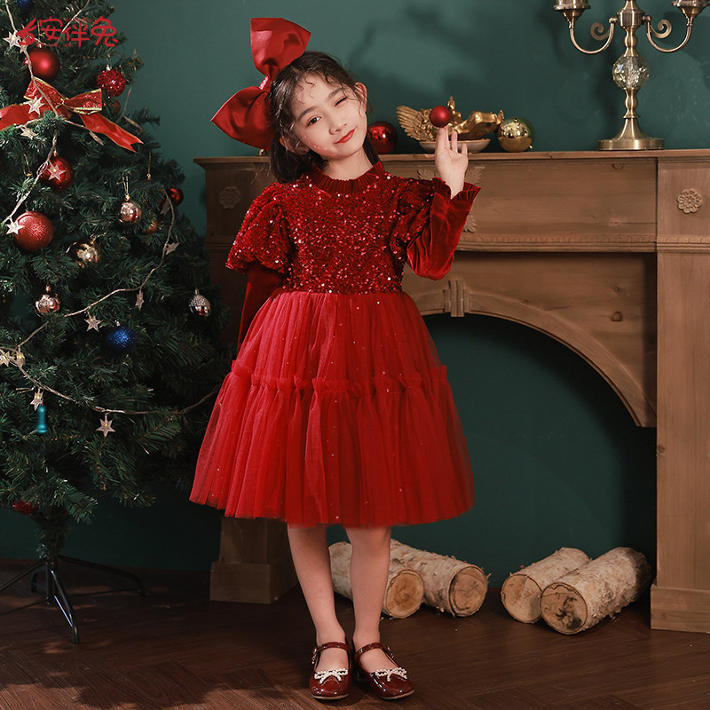 红色女童新年礼服高端公主裙花童小女孩耶诞主持人钢琴演出服冬季