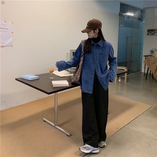 内搭叠穿牛仔衬衫外套女2024春秋新款蓝色复古小个子长款超软衬衣