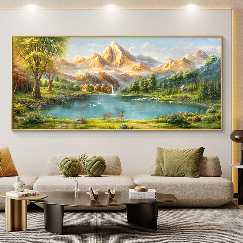 客厅装饰画金山聚宝盆山水画纯手绘油画沙发背景墙挂画轻奢高级感