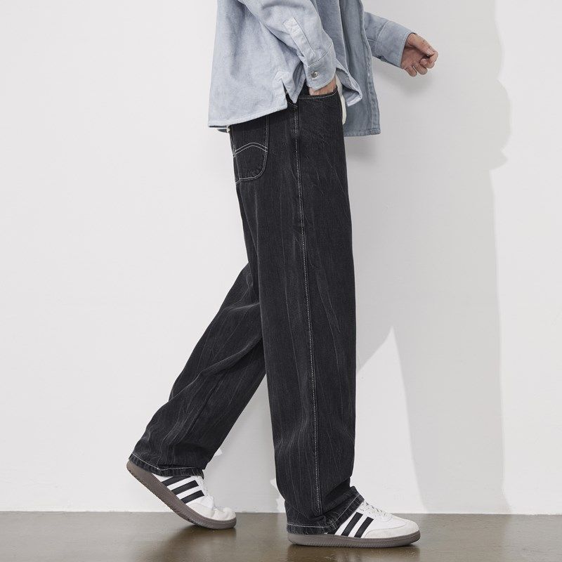 雅仓黑色牛仔裤男宽松直筒秋季新款阔腿垂感扎花百搭男士休闲裤子