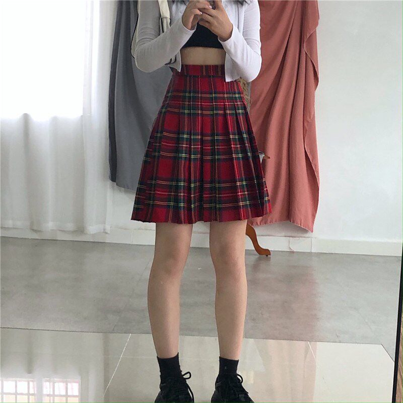 高个子百褶裙加长版遮胯红格子半身裙女中长款大码胖mm格裙200斤