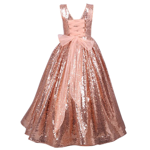 儿童礼服女童金色晚礼服长款钢琴演出服生日公主裙主持人舞台走秀