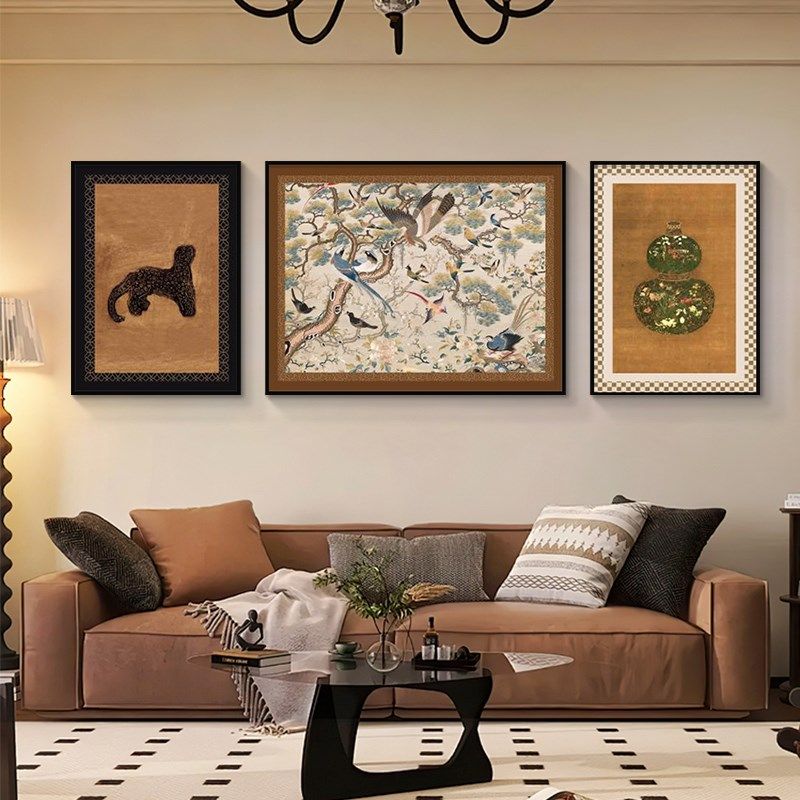 金钱豹中古风客厅装饰画沙发背景墙三联挂画法式复古小众艺术壁画,家居饰品,现代装饰画,淘宝优惠券,粉丝福利购,淘宝优惠卷