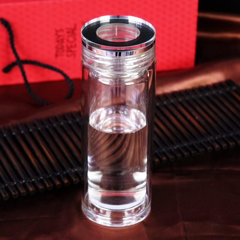 随行杯双层玻璃杯带盖子耐高温水杯定制logo喝茶杯男简约全透明杯