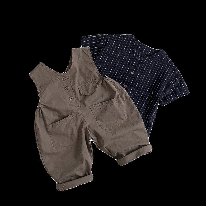 春夏儿童薄款背带裤男童2025夏季新款宽松短袖衬衫男宝宝童装套装