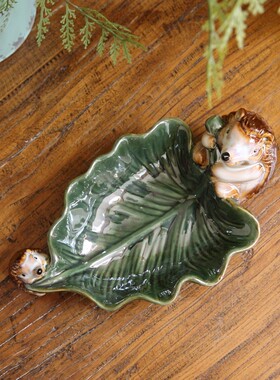 美式乡村创意可爱陶瓷小刺猬荷叶盘 收纳庭院摆件