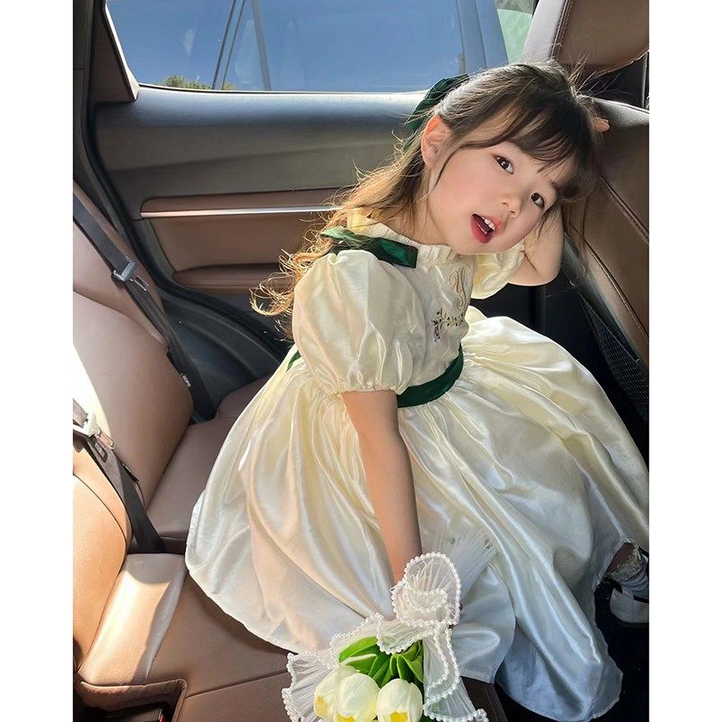 森系小清新儿童缎面礼服女童高端小众钢琴演奏生日主持人公主裙夏