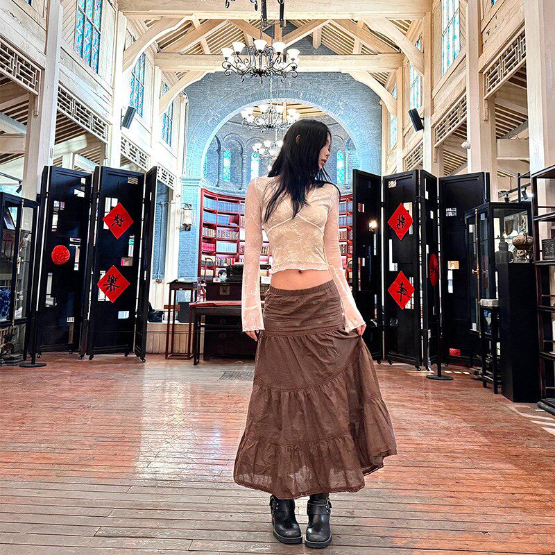 古着蕾丝拼接半身裙女2024夏季新款低腰棕色蛋糕裙宽松百搭长裙