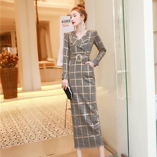 新款收腰长袖西装领时尚格子修身包臀过膝冬天裙子女冬连衣裙少女