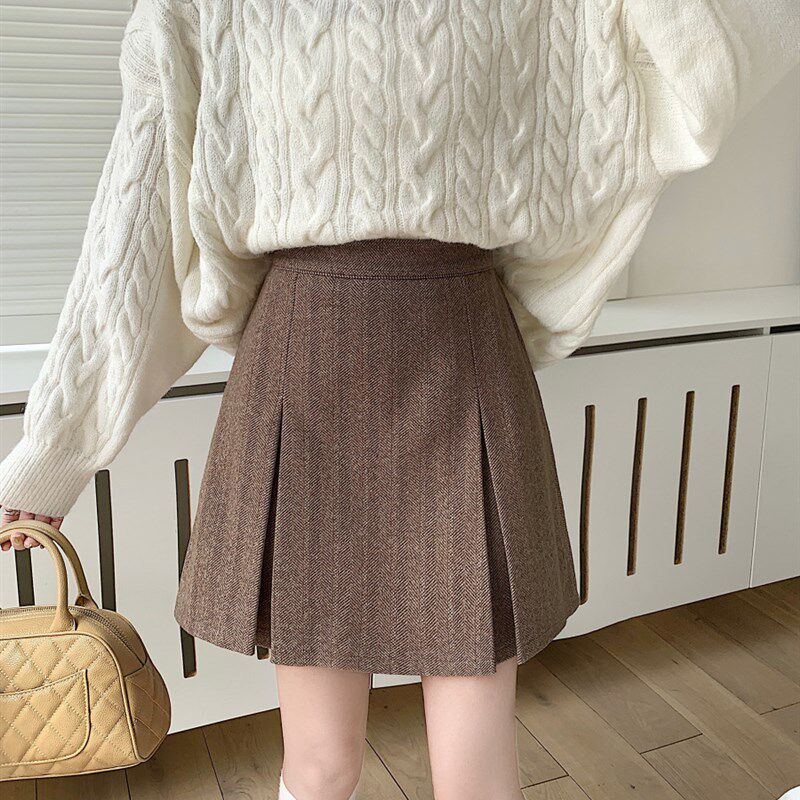 大码高腰格子毛呢半身裙女秋冬遮胯包臀裙梨形身材A字裙百褶裙子