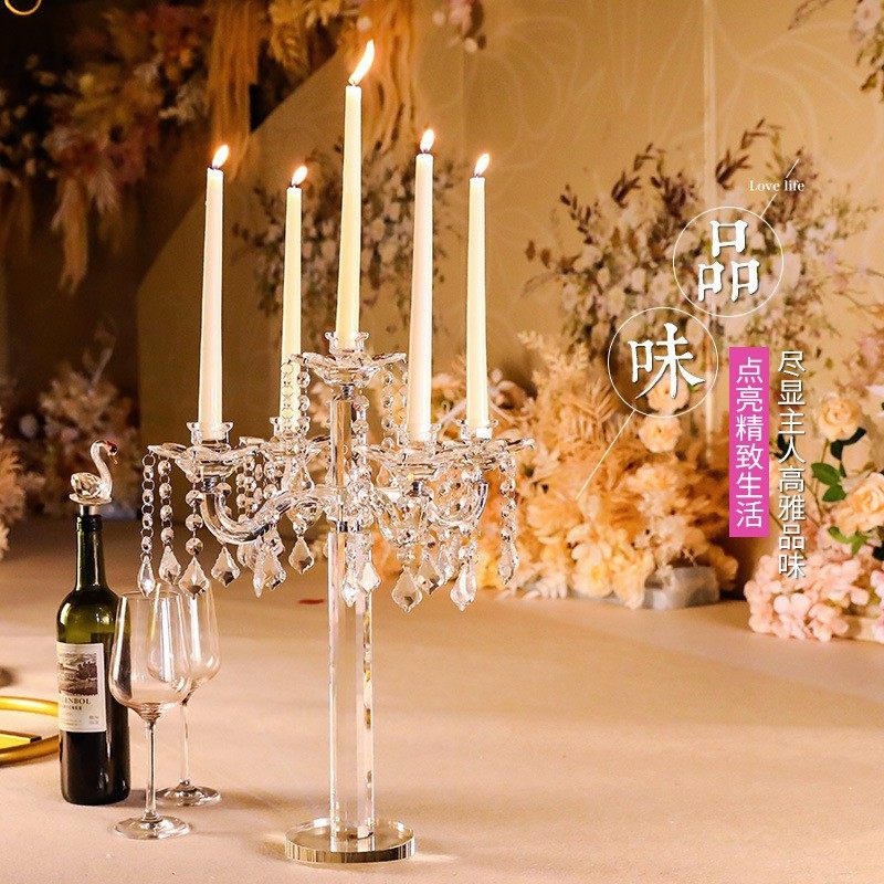 欧式五头水晶玻璃莲花烛台样板房软装饰品 婚庆婚礼餐桌烛台摆件