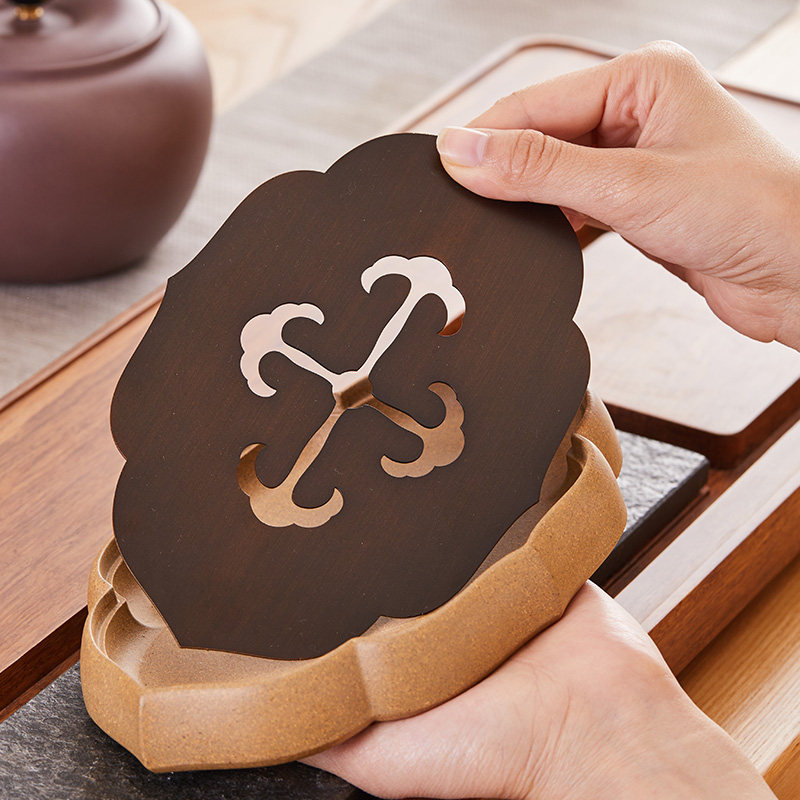 中式紫砂壶承干泡台 嵌入式菱花铜片茶盘 功夫茶具配件茶壶底座托