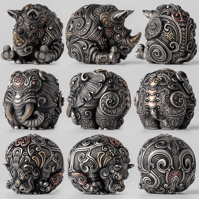 指玩屋 国风古花纹动物精品摆件犀牛河马乐阳 复古3D立体工艺饰品