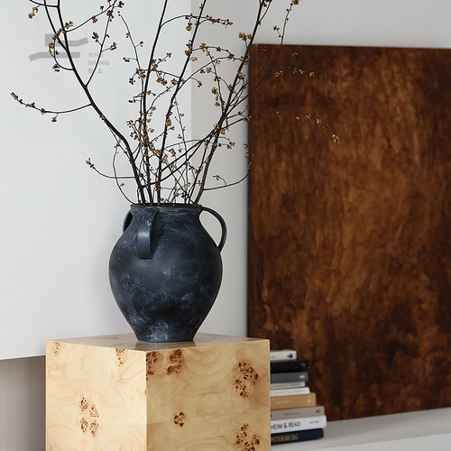 侘寂风复古陶瓷花瓶三耳陶罐酒店民宿样板房桌面摆件法式插花器