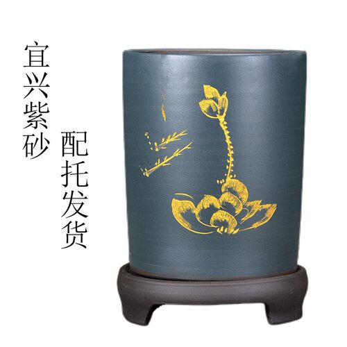 精品紫砂花盆兰花盆手工刻绘圆直筒君子兰盆兰草花盆大口径带托盘
