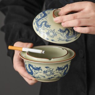 米黄哥窑烟灰缸带盖创意办公室家用客厅陶瓷中式防飞灰烟缸不跑灰