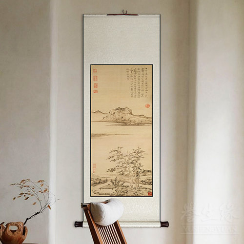 倪瓒秋亭嘉树图中式卷轴挂画餐厅书房装饰画玄关客厅过道山水国画