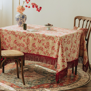 雨雾梅影红香桌布中式复古氛围感餐桌台布红色节日长方形茶几盖布