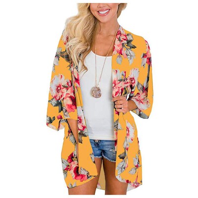 Women Floral Leopard Print Half Sleeve Shawl Chiffon Kimono