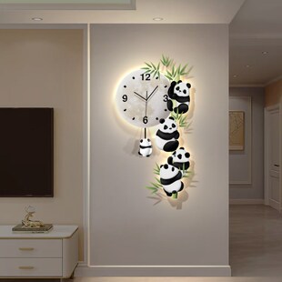 客厅熊猫摇摆挂钟装饰画电视背景墙创意led时钟挂墙餐厅钟表挂画
