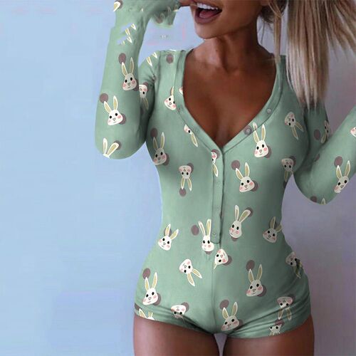Rbbit V neck Cute Long Sleeve Bodycon Bodysuit for Women 20