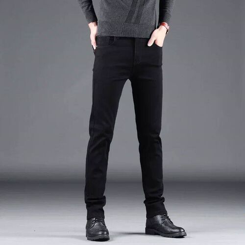 Spring Autumn New Mens Pure Black Slim Jeans Elastic
