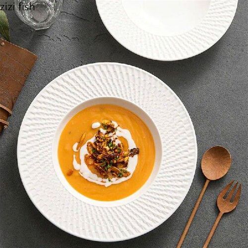 Relief Texture Ceramic Deep Plate Thick Soup Plate Salad