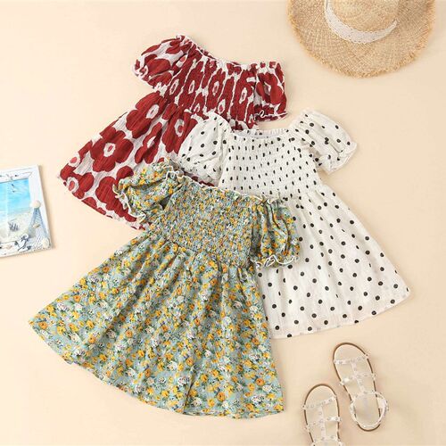 New Girls Solid Color Floral Dress Childrens Stylish Summer