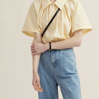 Milk yellow long-staple cotton linen mid-sleeve shirt women