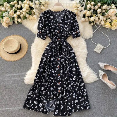 French Sweet Floral Dress Women V Neck Puff Sleeve