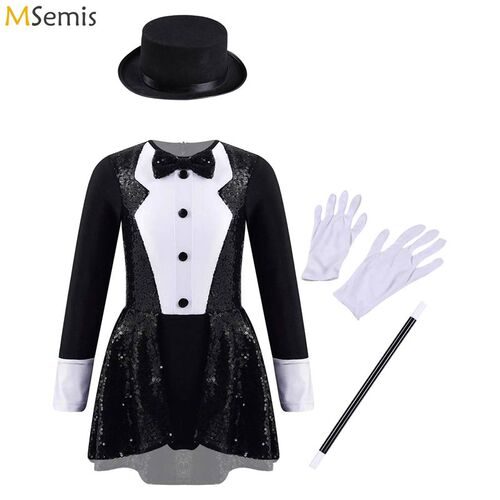 Teen Magician Cotume Set Long Sleeve Bow Tie Sequin Leotard