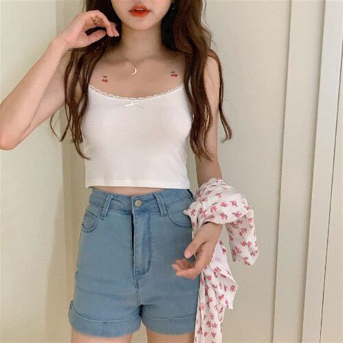 2023 Summer New Bow Lace Edge Crop ops Off Shoulder Spaghett
