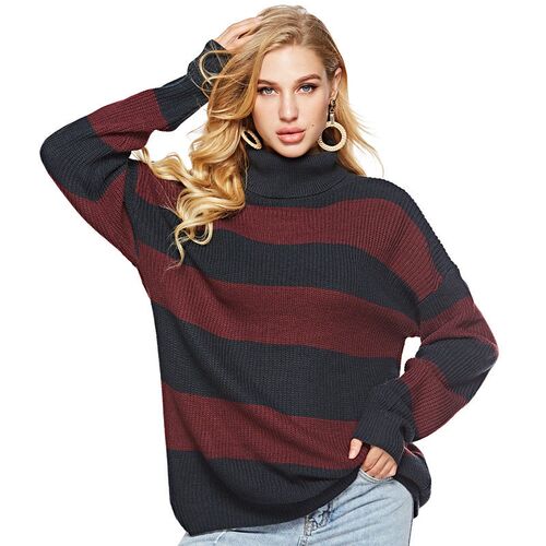 Casual Striped Turtleneck Knitted Pullover Sweater For Women