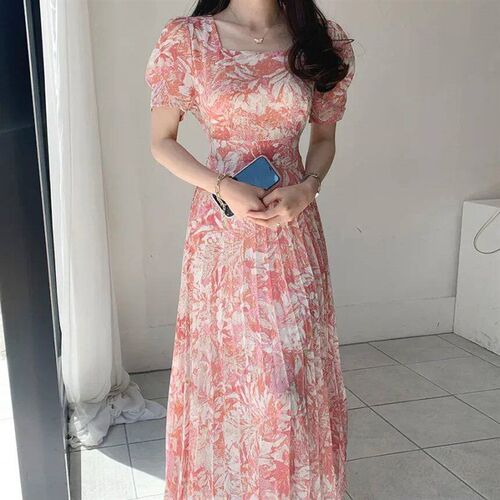 2023 Summer Water-color Printed Korean Chiffon Long Dress Wo