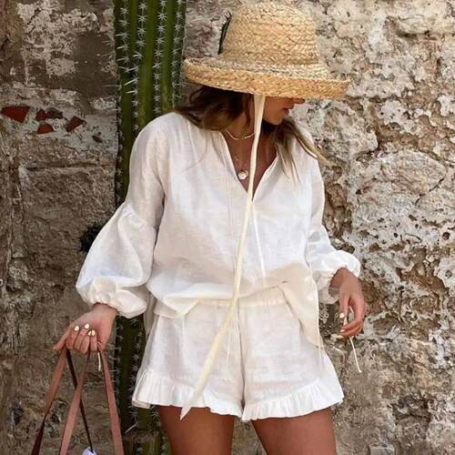 Women Casual 2 Piece Set Cotton Linen Long Sleeve Shirts and