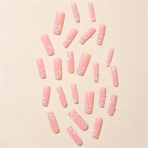Pink Line Decor Long Tube Fake Nails Full Cover Square