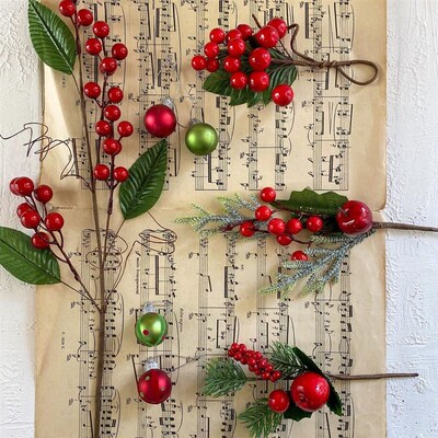1Pack Artificial Christmas ree Pine Branches Xmas Berries Fo