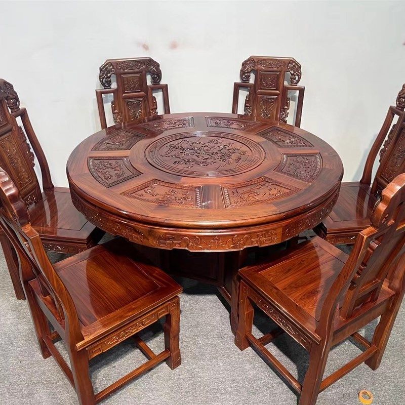 酸枝木餐台椅高档全实木圆形餐桌椅组合古典红木雕花桌子餐厅饭桌,住宅家具,红木餐桌,淘宝优惠券,粉丝福利购,淘宝优惠卷