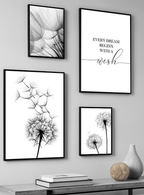 Modern Dandelion Wall Art  Painting Black White Wish Quote P