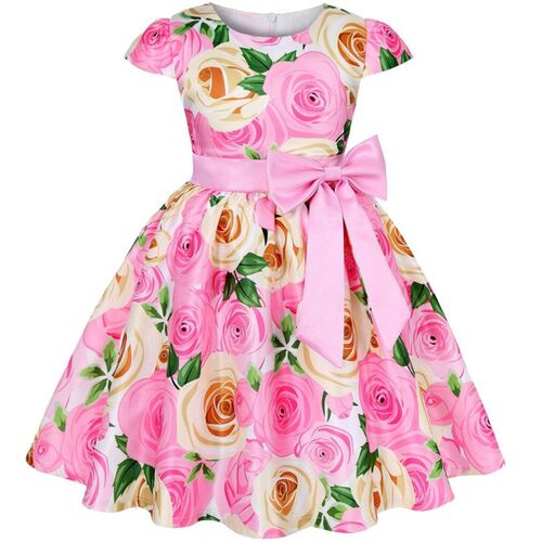Summer Girls Rose Print Dress Princess Wedding Birthday Part
