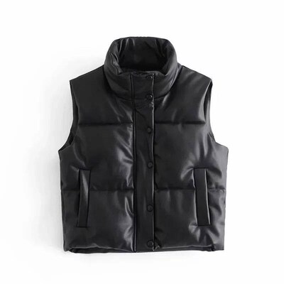 2023 Autumn Winter PU Leather Coat Women Black Stand Collar