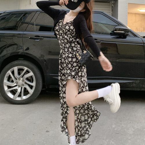 Sleeveless Dress Women Floral Side-slit Sundress Bodycon