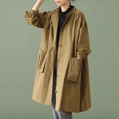 Loose Literary Long-sleeved Windbreaker Stand Collar Solid C