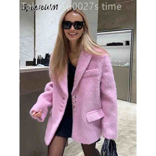 Women Mohair Woolen Plush Suit Coat Elegant Long Sleeve Loos